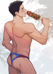  1boy ao_isami ass bara black_hair blush borrowed_clothes couple cowboy_shot facial_hair from_behind haruri_fbje highres holding holding_skewer male_focus male_swimwear official_alternate_costume palm_tree print_male_swimwear profile sideburns_stubble simple_background skewer solo stubble sweatdrop swim_briefs thick_eyebrows toned toned_male topless_male tree yuuki_bakuhatsu_bang_bravern 