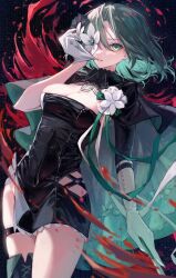  absurdres aqua_eyes aqua_flower aqua_hair arcaea black_cape blood blood_splatter breasts cape cleavage commentary dress_flower expressionless eyelashes female flower flower_on_face flower_over_eye glove_in_mouth gloves green_eyes green_hair hair_between_eyes highres looking_at_viewer medium_hair mouth_hold pia_nano saya_(arcaea) shiny_clothes solo standing white_flower white_gloves 