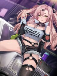  akaha_06 bare_shoulders belt black_ribbon black_shorts breasts brown_belt car cleavage clothing_cutout condom condom_wrapper crop_top female green_eyes hair_ornament hair_ribbon hairclip heart heart_necklace highres holding holding_condom jewelry large_breasts long_hair looking_at_viewer micro_shorts mole mole_on_breast mole_on_thigh motor_vehicle navel necklace nicole_demara on_vehicle pink_hair ribbon short_shorts shorts shoulder_cutout single_thighhigh sitting smile solo strapless thighhighs torn_clothes torn_thighhighs tube_top two_side_up white_tube_top zenless_zone_zero 