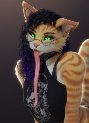  3d_(artwork) anthro black_hair black_sclera clothing collar demon digital_media_(artwork) domestic_cat ear_piercing eyebrow_piercing eyeshadow facial_piercing fangs felid feline felis fur green_eyes hair hi_res horn long_tongue looking_at_viewer makeup mammal multicolored_hair orange_body orange_fur piercing pupils purple_eyeshadow purple_hair rinny rinny_(character) slit_pupils solo tabby_cat teeth tongue trans_(lore) trans_woman_(lore) two_tone_hair 