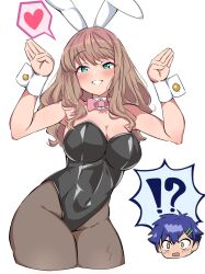  !? 1boy animal_ears asanaka_yomogi bare_shoulders black_leotard black_pantyhose blue_eyes blue_hair blush breasts brown_hair cleavage commentary_request cowboy_shot female freedom_xdrive gridman_universe heart highres large_breasts leotard minami_yume pantyhose playboy_bunny rabbit_ears simple_background spoken_heart ssss.dynazenon strapless strapless_leotard white_background wrist_cuffs 