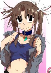  absurdres alternate_hairstyle bandaid bandaid_on_cheek bandaid_on_face black_eyes blue_collar blue_shirt border breasts brown_hair bruise cleavage closed_mouth collar collarbone crop_top ed-chan_(edkuroki) edkuroki female gauze gauze_on_cheek gauze_on_chest gauze_on_hip gauze_on_shoulder gradient_background grey_hoodie hair_intakes hair_ribbon hickey highres hood hood_down hoodie injury long_hair looking_to_the_side messy_hair midriff navel open_clothes open_hoodie original pink_background ribbon shirt sidelocks sleeveless sleeveless_shirt small_breasts solo twintails wavy_mouth white_background white_border white_ribbon 