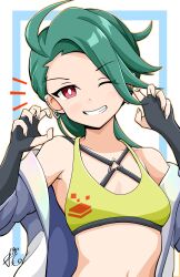  absurdres alternate_costume bikini black_gloves bright_pupils collarbone commentary_request earrings female fingerless_gloves gloves green_hair grin hands_up highres jacket jewelry long_hair looking_at_viewer midriff navel notice_lines off_shoulder one_eye_closed pokemon pokemon_sv red_eyes remone rika_(pokemon) smile solo stud_earrings swimsuit teeth upper_body white_pupils yellow_bikini 