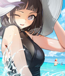  1boy aroused_nosebleed black_hair black_one-piece_swimsuit blue_sky c-eye cloud day female hat hyuuga_hinata naruto_(series) naruto_shippuuden ocean one-piece_swimsuit one_eye_closed purple_eyes shark_fin sky sun_hat swimsuit uzumaki_naruto water 