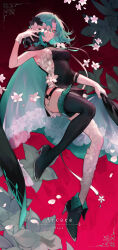  arcaea black_cape breasts cape character_name commentary copyright_name expressionless female flower full_body gloves glowing glowing_eyes gradient_background green_eyes green_hair highres looking_at_viewer pink_background saya_(arcaea) short_hair solo suzunashi thighhighs white_flower white_gloves 