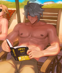  2boys alhaitham_(genshin_impact) bench blonde_hair book brown_male_swimwear chalseu closed_mouth genshin_impact grey_hair hair_between_eyes hair_over_one_eye highres holding holding_book kaveh_(genshin_impact) male_focus male_swimwear multiple_boys nipples short_hair topless_male 