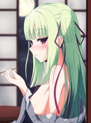  1230_mochi bare_shoulders black_kimono blunt_bangs blunt_ends blurry blurry_background blush breasts commentary female from_side full_moon green_hair hair_ribbon hand_up highres hime_cut indoors japanese_clothes kimono kimono_pull long_hair long_ribbon looking_at_viewer mimikaki moon murasame_(senren) night no_bra nose_blush one_side_up parted_lips purple_ribbon red_eyes ribbon senren_banka sideboob sidelocks small_breasts solo straight_hair tsurime upper_body very_long_hair 