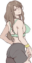  ass bare_arms bare_shoulders black_shorts bra breasts brown_eyes brown_hair closed_mouth contrapposto covered_nipples cowboy_shot female forehead green_bra hair_between_eyes head_tilt large_breasts light_smile long_hair looking_at_viewer looking_back original parted_bangs shorts sideboob simple_background solo thighs underwear white_background yasunososaku yellow_wristband 