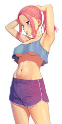  armpits arms_up bare_arms bare_shoulders blue_camisole breasts camisole closed_mouth cowboy_shot crop_top crop_top_overhang earrings female forehead from_side hair_tie_in_mouth highres jewelry light_blush looking_ahead medium_breasts midriff mouth_hold multicolored_eyes multiple_earrings navel no_bra original parted_hair pimm_(chiramegd) pink_hair ponytail purple_shorts shorts sidelocks simple_background standing stomach straight_hair tying_hair underboob white_background 