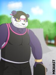  absurd_res alp_(tas) anthro bear black_clothing blurred_background bottomwear bracelet clothing fur giant_panda hat headgear headwear hi_res jewelry lifewonders male mammal mkaiast pink_clothing purple_body purple_fur shirt shorts skate_park skateboard slightly_chubby solo tank_top tokyo_afterschool_summoners topwear vehicle white_body white_fur yellow_sclera 