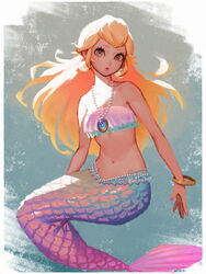  artist_name bandeau bellhenge blonde_hair bracelet earrings female jewelry looking_at_viewer mario_(series) mermaid mermaid_peach monster_girl navel necklace pearl_earrings pearl_necklace princess_peach princess_peach:_showtime! scales solo stomach 