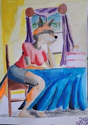  absurd_res anthro barefoot birthday cake canid canine canis clothed clothing countershade_arms countershade_face countershade_feet countershade_legs countershade_neck countershade_tail countershading dessert feet female food fur gotadraw grey_body grey_fur hi_res hybrid jennifer_(gotadraw) mammal mature_female mixed_media orange_body orange_fur pensive red_wolf solo tablecloth tail tan_body tan_fur traditional_media_(artwork) wolf yellow_eyes yellow_sclera 