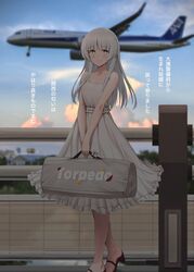  absurdres aircraft airplane alternate_costume blush breasts cleavage closed_mouth collarbone dress female grey_eyes grey_hair high_heels highres holding ichikawa_feesu kantai_collection long_hair looking_at_viewer medium_breasts outdoors shirakumo_(kancolle) sleeveless sleeveless_dress smile solo standing translation_request white_dress 