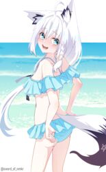  ahoge animal_ear_fluff animal_ears beach bikini bikini_skirt blue_bikini blue_skirt blush breasts female fox_ears fox_girl fox_tail frilled_bikini frilled_skirt frills highres hololive long_hair looking_at_viewer low_ponytail murasame_(sword_of_nmkr) official_alternate_costume open_mouth sand shirakami_fubuki shirakami_fubuki_(hololive_summer_2019) skirt small_breasts swimsuit tail virtual_youtuber water white_hair 