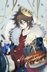  1boy black_jacket black_pants brown_eyes brown_hair can chinese_commentary cigarette closed_mouth commentary_request confetti dated drink_can duangmiu english_text fur-trimmed_jacket fur_trim hair_between_eyes happy_birthday holding holding_can isoi_reiji jacket long_sleeves male_focus navel one_eye_closed open_clothes open_jacket pants paper_crown red_shirt saibou_shinkyoku shirt short_hair smile soda_can solo streamers 