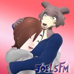  3d_(artwork) anthro beastars canid canine canis closed_eyes clothed clothing digital_media_(artwork) duo female hand_on_head happy hi_res hug hugging_another human humanoid jewelry joelsfm juno_(beastars) looking_at_another male male/female mammal necklace open_mouth self_insert source_filmmaker_(artwork) wolf 