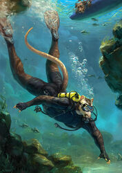  2024 alsares ambient_fish ambient_sealife american_opossum anthro artist_name background_character bottomwear bubble clothing digital_media_(artwork) digital_painting_(artwork) diving diving_gear diving_mask diving_suit feral furgonomic_bottomwear furgonomic_swimwear furgonomics hi_res male mammal marsupial mask oxygen_tank rock solo_focus stefan_vorell underwater water wetsuit 