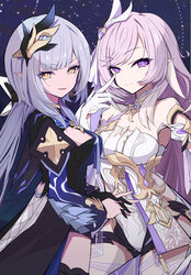  2girls absurdres bare_shoulders black_shorts blue_hair blue_shirt breasts bridal_garter brooch cape closed_mouth clothing_cutout detached_sleeves elf elysia_(herrscher_of_human:_ego)_(honkai_impact) elysia_(honkai_impact) gloves hair_between_eyes heart heart_brooch herrscher_of_corruption highres honkai_(series) honkai_impact_3rd jewelry large_breasts looking_at_viewer multiple_girls mutsu_aya open_mouth pink_eyes pink_hair pink_pupils pointy_ears shirt short_shorts short_sleeves shorts side_cutout smile starry_background thighs triquetra white_gloves white_shirt white_veil yellow_eyes yellow_pupils 