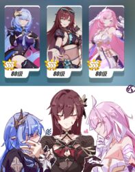  3girls angry bikini black_bikini black_dress black_shorts blue_eyes blue_shirt blush breasts caidaosanhua cleavage_cutout closed_eyes clothing_cutout detached_sleeves dress earrings eden_(honkai_impact) elf elysia_(herrscher_of_human:_ego)_(honkai_impact) elysia_(honkai_impact) eyewear_on_head game_screenshot_inset gloves hair_ornament hand_on_another&#039;s_face hand_on_own_chin heart herrscher_of_corruption holding_hands honkai_(series) honkai_impact_3rd jewelry large_breasts multiple_girls orange_eyes pink_eyes pointy_ears red_hair see-through see-through_sleeves shirt short_sleeves shorts side_cutout smile swimsuit thighs upper_body white_background white_gloves white_shirt white_veil yellow_eyes yuri 