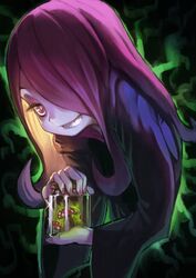  commentary_request female hair_over_one_eye jar little_witch_academia long_hair mushroom pale_skin purple_eyes purple_hair robe smirk sucy_manbavaran tianzhong_zhongtian 