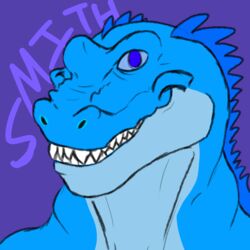  1:1 blue_body blue_eyes blue_scales blue_skin crocodile crocodilian crocodylid dahurgthedragon headshot_portrait lizard looking_at_viewer male muscular portrait purple_background ragincajun reptile scales scalie simple_background smile smith solo teeth text 