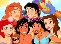  2018 4_fingers abu_(aladdin) aladdin_(disney) alien ariel_(disney) beach beauty_and_the_beast belle_(beauty_and_the_beast) beverage bikini black_eyes black_hair blue_body blue_eyes blue_fur blue_nose blue_skin blush brown_body brown_eyes brown_fur brown_hair bunny_ears_(gesture) clothed clothing cocktail_garnish cocktail_umbrella crossover digital_drawing_(artwork) digital_media_(artwork) disembodied_hand disney disney&#039;s_aladdin disney_princess experiment_(lilo_and_stitch) eyelashes eyewear eyewear_on_head female feral fez fingers fish floral flounder_(disney) flower flower_garland food fruit fur garland genie genie_(disney) gesture group hair haplorhine hat head_tuft headgear headwear hi_res holding_glass holding_object human human_focus jewelry large_group lei lens_flare lilo_and_stitch long_hair looking_at_viewer male mammal marine monkey necklace not_furry_focus on_model open_mouth open_smile orange_hair parasol photobomb pineapple plant primate prince_eric_(disney) princess_jasmine_(disney) red_hair seaside selfie smile sparrowscaribbean stitch_(lilo_and_stitch) summer sun sunglasses sunglasses_on_head swimwear the_little_mermaid_(1989) topless tuft yellow_body 