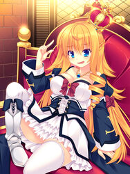  arched_crown bare_shoulders blonde_hair blue_eyes bow breasts chain_necklace chains cleavage commentary_request crown detached_sleeves female jeweled_crown jewelry large_breasts long_hair mini_crown necklace original pendant photoshop_(medium) princess red_crown ringlets roshin solo thighhighs throne 