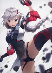  action arm_cutout arm_up armor ass_visible_through_thighs blue_eyes blush braid braided_ponytail breasts commentary_request covered_navel detached_sleeves dress dual_wielding female floating_hair gloves goggles goggles_around_neck grey_hair groin gun hair_between_eyes hair_ornament hands_up hel_bow_(honkai_impact) highres holding holding_gun holding_weapon honkai_(series) honkai_impact_3rd kallen_kaslana kallen_kaslana_(ritual_imayoh) kicking large_breasts long_hair looking_at_viewer motion_blur open_mouth pelvic_curtain rubble see-through short_dress signature single_braid single_glove single_thighhigh smile solo standing standing_on_one_leg thighhighs thighs tied_hair turtleneck turtleneck_dress weapon wind xfate 