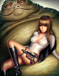  1boy adapted_costume alien assertive_female black_footwear boots breasts breasts_apart brown_eyes brown_hair closed_mouth colored_skin dutch_angle energy_gun fat female from_below from_side genderswap_(mtf) gradient_background green_skin grin gun han_solo handgun highleg highleg_leotard holster jabba_the_hutt knee_boots knee_up legs leotard lips looking_at_viewer lying lying_on_person madeleineink monster off_shoulder on_back open_clothes open_vest photoshop_(medium) ray_gun realistic rule_63 science_fiction scope seductive_smile signature size_difference slit_pupils smile star_wars straight thigh_holster thigh_strap vest watermark weapon web_address 