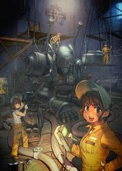  4girls black_footwear blowtorch blue_eyes brown_eyes brown_hair clothes_around_waist commentary dark-skinned_female dark_skin emblem english_commentary forklift girls_und_panzer gloves green_eyes hacksaw hand_on_own_hip holding hoshino_(girls_und_panzer) indoors industrial_pipe jagdpanzer_38(t) jumpsuit leopon_(animal) long_sleeves looking_back mecha mechanic messy_hair military military_vehicle monamin motor_vehicle multiple_girls nakajima_(girls_und_panzer) night ooarai_(emblem) open_mouth orange_jumpsuit panzer_iv robot saw scaffolding shirt shoes short_hair smile suzuki_(girls_und_panzer) sweat tank tank_top tied_shirt tsuchiya_(girls_und_panzer) v-shaped_eyebrows welding_mask white_gloves white_shirt 