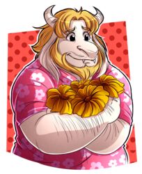  abstract_background anthro asgore_dreemurr beard belly big_belly big_muscles blonde_hair boss_monster_(undertale) bovid caprine clothed clothing facial_hair fangs flower fur hair horn john_vithor long_ears male mammal mature_anthro mature_male muscular muscular_anthro muscular_male overweight overweight_anthro overweight_male plant simple_background solo srjohn teeth undertale undertale_(series) white_body white_fur 