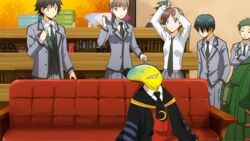  2girls 3boys animated animated ansatsu_kyoushitsu chiba_ryuunosuke isogai_yuuma kataoka_megu kimura_masayoshi knife koro-sensei multiple_boys multiple_girls okano_hinata_(ansatsu_kyoushitsu) school_uniform weapon 