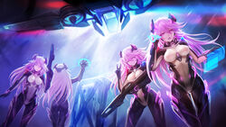  300_heroes 5girls ;p absurdres aircraft ass bad_id bad_pixiv_id bodysuit breasts closed_mouth commentary_request gun highres holographic_interface isha_(300_heroes) long_hair looking_at_viewer medium_breasts multiple_girls night one_eye_closed open_mouth photoshop_(medium) pink_eyes pink_hair science_fiction smile standing tongue tongue_out v vtol weapon zhuore_zhi_hen 