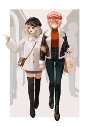  2girls alternate_costume bad_id bad_twitter_id bag black_footwear black_headwear boots brown_jacket denim fashion full_body fur_trim ganmo_(takane_lui) hair_wings handbag high-waist_pants highres holding holding_another&#039;s_arm holding_bag hololive jacket jeans mirekhot multiple_girls pants pink_hair pink_headwear round_eyewear sakamata_chloe short_hair smile sunglasses takane_lui thigh_boots thighhighs tsukune_(takane_lui) tsumire_(takane_lui) virtual_youtuber walking white_headwear white_jacket wings 