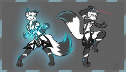  anthro battle_armor black_body black_fur blue_eyes blue_glow canid canine canis clothing fighting_pose fironmaplez_(artist) foot_tuft fox fur glowing glowing_ears glowing_eyes glowing_heels glowing_tail heel_tuft hybrid knife magic male mammal melee_weapon pawpads pink_pawpads pose rachel_firestorm_(fironmaplez) simple_background solo tail tuft weapon white_body white_clothing white_fur wolf 