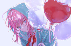  1boy ahoge amemura_ramuda balloon blue_eyes commentary crossed_bangs green_jacket grey_background head_tilt hitokoto holding holding_balloon hood hood_up hooded_jacket hypnosis_mic jacket looking_at_viewer male_focus necktie pink_hair red_necktie shirt short_hair sidelocks simple_background smile solo upper_body white_shirt 