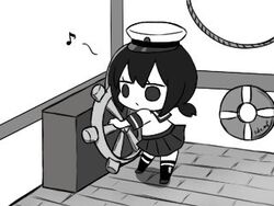  chibi commentary_request eighth_note female fubuki_(kancolle) full_body greyscale hat kantai_collection karin. kneehighs lifebuoy long_hair low_ponytail lowres monochrome musical_note parody peaked_cap ponytail school_uniform serafuku ship&#039;s_wheel short_ponytail socks solid_circle_eyes solo standing steamboat_willie swim_ring whistling 