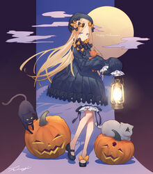  abigail_williams_(fate) black_cat black_dress black_ribbon blonde_hair blue_eyes bow cloud dress fate/grand_order fate_(series) feline female footwear_ribbon grey_cat hair_ribbon hairbow halloween happy_halloween hiiragi_(karashriker) jack-o&#039;-lantern lantern long_hair long_sleeves looking_at_viewer mary_janes moon multicolored_background multiple_hair_bows orange_ribbon oversized_clothes puffy_dress puffy_sleeves pumpkin purple_background ribbon shadow shoes signature solo star_(symbol) very_long_hair 