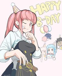  2boys 3girls absurdres balloon belt blue_hair brown_eyes brown_hair cake claude_von_riegan closed_mouth commentary dark-skinned_male dark_skin english_commentary fire_emblem fire_emblem:_three_houses food food_on_face garreg_mach_monastery_uniform green_eyes happy_birthday hat highres hilda_valentine_goneril holding licking_lips long_hair lysithea_von_ordelia marianne_von_edmund multiple_boys multiple_girls one_eye_closed open_mouth party_hat pink_eyes pink_hair saiykik short_hair simple_background smile tongue tongue_out twintails uniform white_hair 