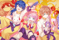  3boys amemura_ramuda apron arisugawa_dice arm_support arm_up black_footwear black_pants blue_eyes blue_hair blush bow bowtie brown_hair buttons chef cherry closed_eyes commentary crossed_bangs doughnut earrings eating feet_out_of_frame fling_posse food fruit green_eyes hitokoto holding holding_food holding_tongs hypnosis_mic jewelry light_smile long_hair looking_at_viewer male_focus multiple_boys open_mouth pants paw_print paw_print_soles pink_hair ponytail red_bow red_bowtie shirt sidelocks smile tassel tassel_earrings tongs waist_apron white_apron white_shirt yellow_apron yellow_background yellow_pants yellow_shirt yellow_theme yumeno_gentaro 