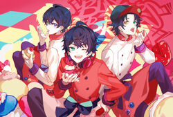  3boys abstract_background apron baseball_cap black_hair black_headwear black_pants blue_eyes brothers buster_bros!!! buttons chef closed_mouth commentary cream_puff crossed_legs drop_shadow feet_out_of_frame food green_eyes hat headphones headphones_around_neck heterochromia hitokoto holding holding_food hypnosis_mic licking licking_finger long_sleeves lower_teeth_only male_focus mole mole_under_eye multiple_boys multiple_moles oerba_yun_fang one_eye_closed open_mouth pants parted_bangs red_apron red_background red_shirt red_theme shirt short_hair siblings smile teeth tongue tongue_out upper_teeth_only waist_apron white_apron white_shirt yamada_ichiro yamada_jiro yamada_saburo yellow_eyes 