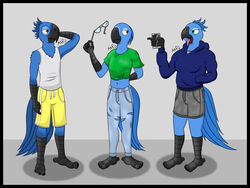  2020 4:3 anthro avian beak bia_(rio) bird black_border blue_body blue_feathers blue_sky_studios border brother_(lore) brother_and_sister_(lore) carla_(rio) cellphone clothing digital_media_(artwork) electronics feathers female group hoodie humanoid macaw male marothedarkrabbit_(artist) neotropical_parrot parrot phone rio_(series) sibling_(lore) simple_background sister_(lore) sisters_(lore) smartphone spix&#039;s_macaw tiago_(rio) topwear true_parrot young 