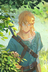  1boy aqua_tunic arm_at_side bag belt blonde_hair blurry champion&#039;s_tunic_(zelda) closed_mouth collarbone commentary dappled_sunlight day depth_of_field fingerless_gloves gatorix gloves glowing glowing_eyes grass layered_clothes link long_sleeves looking_past_viewer looking_to_the_side male_focus outdoors pointy_ears reflection satchel scabbard sheath sheathed shirt short_hair short_ponytail short_sleeves sidelocks stream sunlight sword the_legend_of_zelda the_legend_of_zelda:_breath_of_the_wild upper_body weapon white_shirt wind 