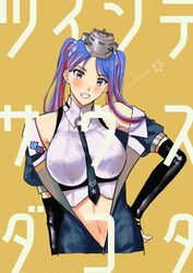  alternate_hairstyle black_necktie blue_hair blush breasts character_name commentary_request crop_top cropped_torso female grin hair_ornament hand_on_own_hip headgear highres kantai_collection large_breasts long_hair looking_at_viewer multicolored_hair navel necktie nidou orange_background red_hair simple_background smile solo south_dakota_(kancolle) star_(symbol) star_hair_ornament translation_request twintails white_hair 