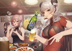  4girls alcohol azur_lane bamboo_steamer baozi beer beer_bottle bird black_dress blue_eyes bottle breasts chick china_dress chinese_clothes cup dress drill_hair dumpling eating flower food food_in_mouth grey_hair hair_flower hair_ornament highres holding holding_bottle holding_cup holding_spoon indoors jiaozi large_breasts long_hair looking_at_viewer luetzow_(azur_lane) luetzow_(steaming_hot_treat)_(azur_lane) maitei_roppa manjuu_(azur_lane) mapo_tofu multiple_girls ning_hai_(azur_lane) official_alternate_costume peking_duck_(food) ping_hai_(azur_lane) pink_hair plate plate_stack red_dress seydlitz_(azur_lane) shark_fin_soup short_sleeves sitting spoon taut_clothes v yellow_eyes 