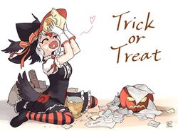  alternate_costume atlantic_puffin_(kemono_friends) bird_tail bird_wings black_dress black_thighhighs blush bow bowtie chips_(food) closed_eyes commentary_request dress eating female food frilled_dress frills gloves halloween halloween_costume hat hat_bow head_wings jack-o&#039;-lantern japari_symbol kemono_friends kemono_friends_3 melaton open_mouth orange_bow orange_bowtie orange_thighhighs potato_chips puffy_short_sleeves puffy_sleeves shirt short_sleeves sitting solo striped_clothes striped_thighhighs tail thighhighs trick_or_treat wariza white_gloves white_shirt wings witch witch_hat 