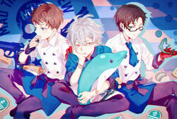  3boys :q ahoge anchor_symbol annoyed aohitsugi_samatoki apron black_pants blue_apron blue_background blue_jacket blue_necktie blue_theme blueberry brown_hair busujima_rio_mason buttons checkered_background cheese chef commentary cookie_cutter earrings eating feet_out_of_frame food fruit glasses gloves green_eyes hitokoto holding holding_food holding_stuffed_toy hypnosis_mic iruma_jyuto jacket jewelry long_sleeves looking_down looking_to_the_side lower_teeth_only mad_trigger_crew male_focus multiple_boys necktie open_mouth pants rectangular_eyewear red_eyes red_gloves rolling_pin semi-rimless_eyewear shirt short_hair sitting stud_earrings stuffed_animal stuffed_dolphin stuffed_toy teeth tongue tongue_out waist_apron whisk white_hair white_shirt 