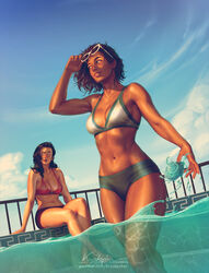  2girls adjusting_eyewear arm_support arm_up artist_name asami_sato avatar_legends biceps bikini bikini_shorts black_hair blue_sky blush breasts brown_hair cleavage closed_mouth cloud collarbone dark-skinned_female dark_skin day element_bending eyewear_on_head hair_over_shoulder korra krystopher_decker long_hair multiple_girls navel outdoors parted_lips partially_submerged partially_underwater_shot patreon_username pool red_bikini short_hair shorts sitting sky smile soaking_feet stomach sunglasses swimsuit the_legend_of_korra toned water watermark white-framed_eyewear 