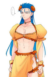  ... 1boy blue_hair bridal_garter commentary_request cosplay crossdressing cu_chulainn_(caster)_(fate) cu_chulainn_(fate) cu_chulainn_(fate/stay_night) earrings fate/grand_order fate_(series) flower hair_flower hair_ornament hoop_earrings jewelry long_hair male_focus mata_hari_(fate) mata_hari_(fate)_(cosplay) midriff nishiyama_(whatsoy) pectorals puffy_short_sleeves puffy_sleeves red_eyes short_sleeves solo unamused 