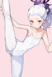  absurdres alternate_hairstyle athletic_leotard balancing ballet black_horns blue_archive blush breasts collarbone demon_girl demon_horns demon_wings female forehead ggab0621 halo hand_on_own_leg highres hina_(blue_archive) horns leg_up leotard looking_at_viewer multiple_horns pantyhose pink_background simple_background small_breasts solo standing standing_on_one_leg sweat white_leotard white_pantyhose wings 